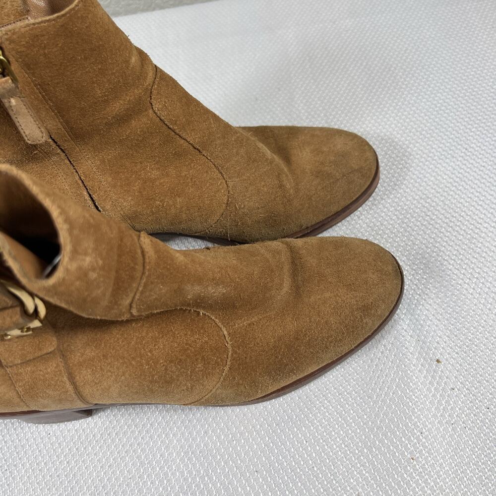 Tory Burch Marsden Bootie Tan Suede Size 7M With Gold Logo On Both - Picture 3 of 11